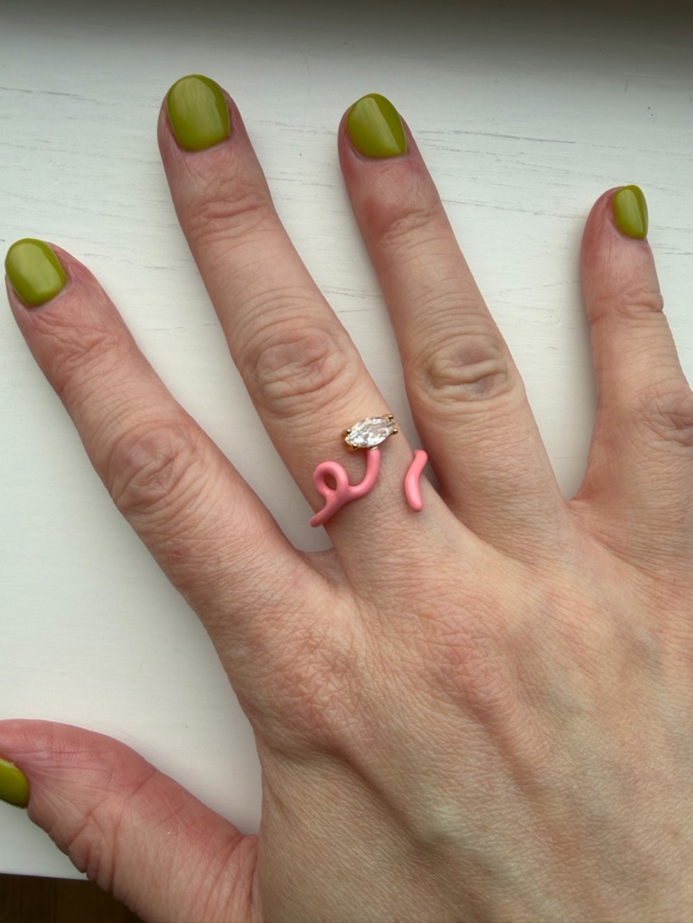 Adjustable Pink Enamel Open Snake Ring with Marquise Crystal / Faux Gem